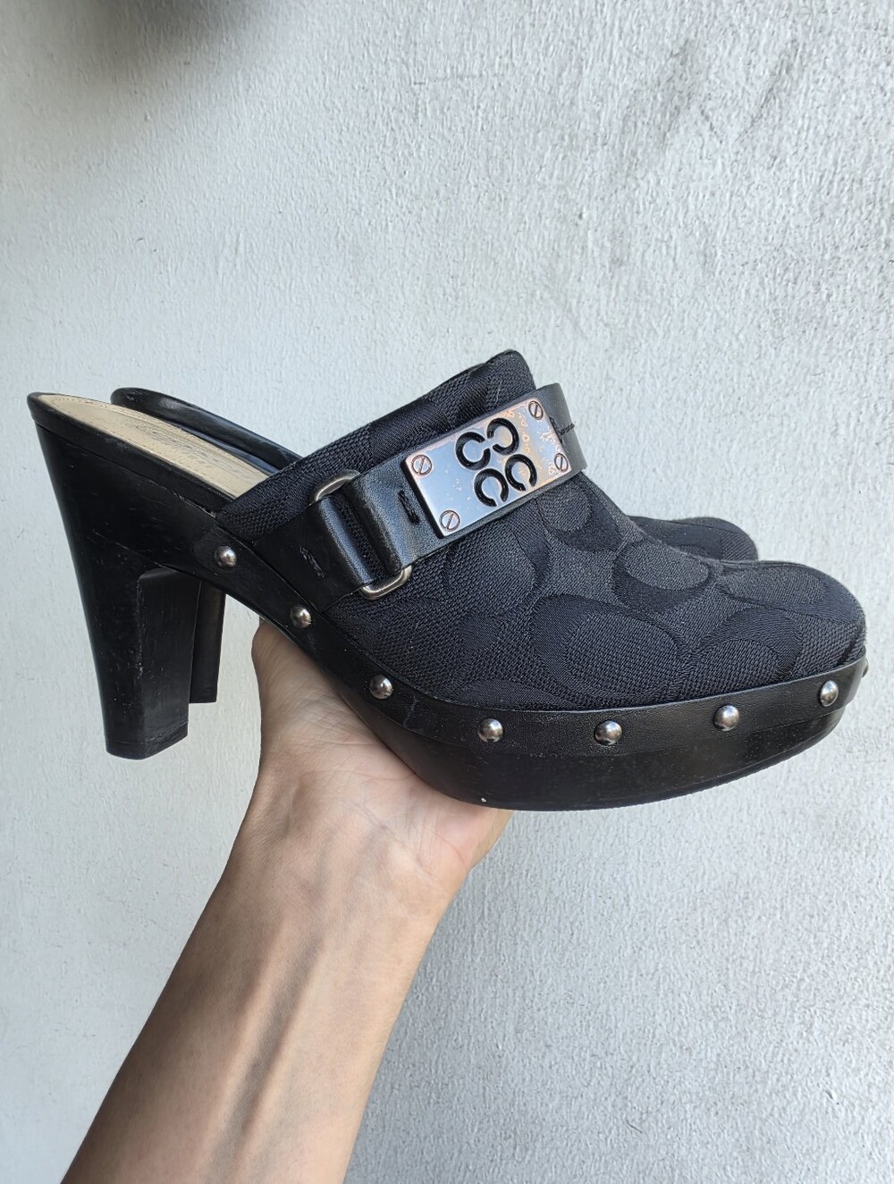 Coach Ivy Clogs Signature Jacquard Wood Platform Heels Mule Studded C Logo 5
